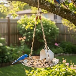 Charming White Ceramic Bird Feeder with Rope Hanger